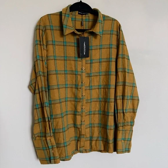 PrettyLittleThing Mustard Plaid Button Up Shirt One Size - Picture 4 of 9